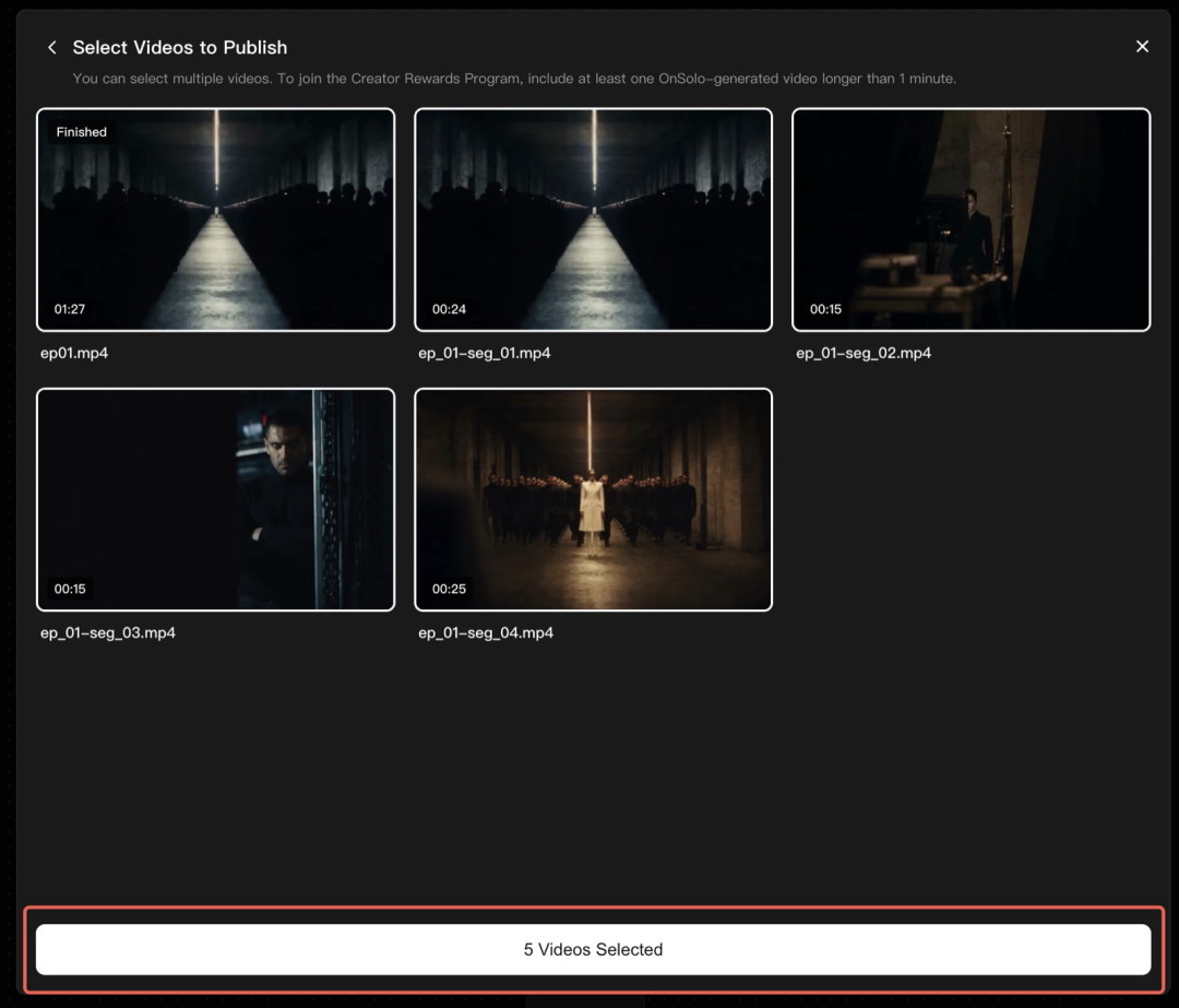 OnSolo video selection screen with all content selected