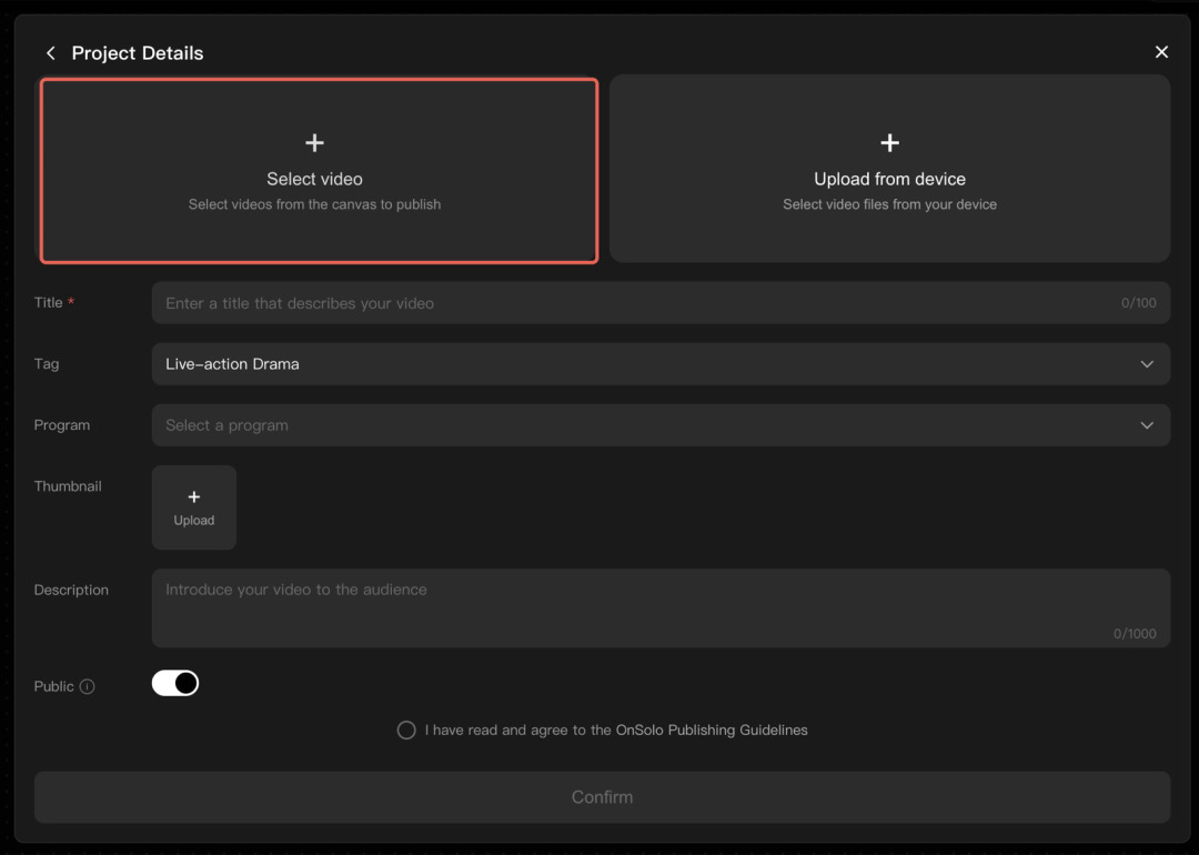 OnSolo publishing page with Select video and Upload from device options