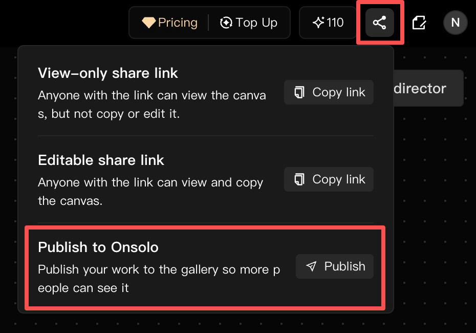 OnSolo share menu with Publish to OnSolo highlighted
